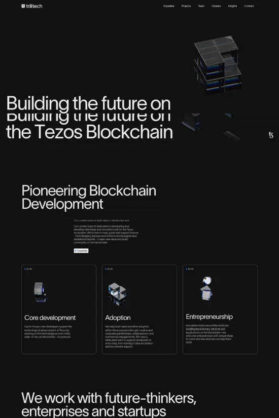 Step into the world of Trilitech, where the fusion of modern design and technology coalesces into a sleek website showcasing their expertise in blockchain development. Dominated by a stark contrast of black and white with accents of electric blue (#004c99), the site exudes a contemporary and professional demeanor. Sans-serif typography is chosen for its readability and modern aesthetic, underpinning the website's high-tech focus. Navigation is intuitive, with key information presented in a clean, minimalist format that invites exploration. Prominently featured insights and partnerships with major industry names underscore Trilitech's pioneering role in powering the Web3 revolution. This is a platform that not only informs but also ignites the curiosity of future-thinkers, enterprises, and startups alike.