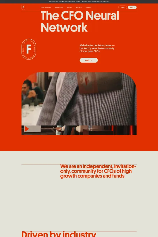 The CFO Suite showcases a bold, modern website that is sure to capture the attention of finance professionals seeking a community of their peers. It's designed with a striking orange that demands attention, complemented by clean whites and solid grays that contribute to a professional and minimalist aesthetic. The use of sans-serif typography throughout the site adds to the contemporary feel, ensuring that the content is legible and easy to navigate. With prominent call-to-action buttons and a well thought-out layout, this website speaks to the efficiency and decisiveness characteristic of exemplary CFOs. Bold photography and crisp iconography round out the design, underscoring the site's focus on industry leadership and peer collaboration.