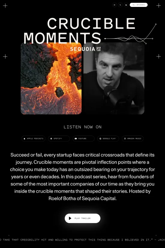 Discover the sleek sophistication of Crucible Moments, a media-centric website that captivates with its contemporary boldness and clean design. The site confidently employs a modern sans-serif typography that ensures legibility and a contemporary feel throughout. This is further amplified by high-contrast combinations with a striking black background paired against vibrant, color-blocking accents such as fiery orange, hot pink, tranquil blue, and verdant green, each framing notable faces and commanding attention. The use of full-width, high-resolution images adds a layer of engagement, showcasing the site's dedication to high-quality visual storytelling. This web design conveys a sense of exclusivity and forward-thinking, setting a stage for the featured speakers and drawing visitors into the dynamic world of Crucible Moments.