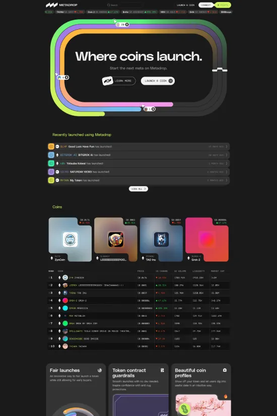 The METADROP website showcases a bold and immersive interface where modernity meets functionality in the cryptocurrency space. Flaunting a dark theme with a black background accented by vibrant gradients and neon-like highlights, the design captures the dynamism of the crypto industry. The use of a sans-serif typeface throughout the site underscores its contemporary aesthetic while ensuring excellent readability. Key elements of the interface, such as high-contrast call-to-action buttons and the sleek presentation of coin offerings, are designed to engage users actively. The ingenious blend of colors like electrical green and deep purples, paired with high-contrast text and gradients, creates a memorable visual experience that radiates with the cutting-edge world of digital currency launches. METADROP's web design is a testament to minimalist elegance fused with state-of-the-art design trends, specifically tailored for savvy investors and tech enthusiasts looking to discover, trade, and launch the hottest coins and NFT drops.