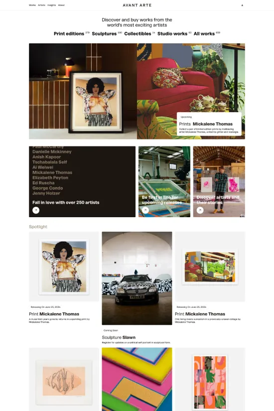 Avant Arte's website showcases the pinnacle of modern web design, with a keen eye for minimalism and ease of navigation. It utilizes a high-contrast color scheme that anchors the site in contemporary aesthetics, with a crisp white background contrasted by black text and subtle grey tones creating a visually stimulating environment. Sans-serif typography is employed throughout, contributing to the site's sleek and modern vibe while ensuring legibility and a user-friendly experience. Navigation is intuitive, with clear categorization of the artwork, and the layout presents a curated feel, akin to walking through a meticulously designed virtual gallery. The use of vivid imagery of the works for sale punctuates the site, acting as windows into the creative expressions of various artists. This website is a testament to the art industry's continual fusion of creativity and functionality, appealing to art enthusiasts and collectors alike.