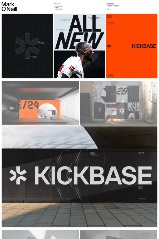 This cutting-edge design for Mark O'Neill Studio's website underscores the brand's vigorous, action-packed identity in the sports industry. A bold, modern aesthetic is characteristically employed with a striking black, white, and vivid orange color palette that grabs attention and exudes high energy. Commanding sans-serif and stylized display typography assert a contemporary, approachable feel, inviting users to dive into the vibrant world of sports. The designs showcase a grid-based layout that provides structural integrity while delivering content in a dynamic, interactive manner. The combination of powerful visuals, coherent designs across various platforms, and strategic use of color reflect an unwavering commitment to quality and innovation. The Kickbase brand is injected with an invigorating visual language that speaks directly to sports enthusiasts who crave real-time engagement with their passion.