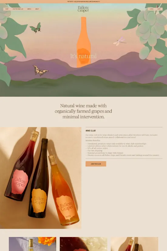 Embark on a visual journey with Fallen Grape, an exquisitely designed website that tantalizes with its natural and minimalist aesthetic. The site's earth-toned color palette, featuring hues of warm beige and soft terracotta, evokes the organic sensibilities of the brand's ethos. Clean sans-serif typography ensures a modern and readable experience, while maintaining the artisanal charm that is synonymous with boutique wine offerings. Strategic use of whitespace emphasizes the brand's commitment to simplicity and thoughtful wine making. With stunning photographs that capture the essence of each unique vintage, this website not only promises an indulgence for the palate but also a feast for the eyes, inviting visitors to explore the nuanced world of naturally crafted wines.