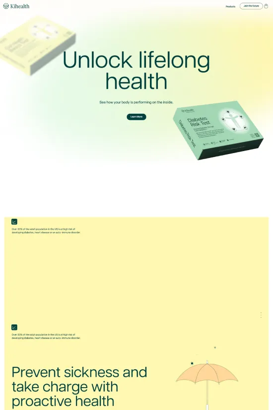 The website for 'Kilohealth' is a masterclass in minimalistic and modern web design, embracing a fresh, wellness-oriented aesthetic. The primary color palette includes a vibrant lime green (#c8d76e) and a pale, sunny yellow (#ffffc2), evoking vitality and energy—a perfect match for the healthcare industry. Sans-serif typography graces the website with a clean, timeless look, offering excellent readability and a sleek contemporary vibe. Large and bold headlines punctuated by ample white space guide the user's eyes effortlessly across the site. The use of flat design elements further enhances the site's accessibility and navigability. Overall, this website expertly encapsulates the essence of a health-focused company while providing an inviting and user-friendly browsing experience.