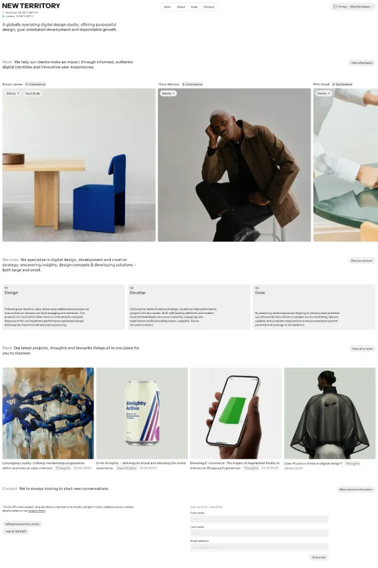 Embark on a journey through the sophisticated digital landscape of NEW TERRITORY, a digital design studio that marries minimalism with modern elegance. The website flaunts a clean, contemporary color palette dominated by soft off-whites and serene grays, accented with classic black text for engaging contrast. Each element aligns harmoniously, embracing the spaciousness that allows the viewer's eye to effortlessly meander through the crisp content. Sans-serif typography offers a modern touch, ensuring superior readability while reinforcing the brand’s forward-thinking approach. This website not only exudes an aura of innovative design but also encapsulates the essence of user-centered experience with sleek navigation and a polished layout, crafting a distinct digital identity that is both authentic and impactful.