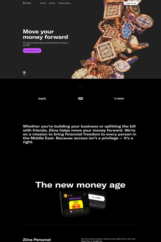 Ziina presents a sleek and contemporary web experience with a modernistic flair that visually captivates and entices users to dive into the world of mobile banking. Adopting a strong contrast with a bold black and crisp white color scheme, accented by a vibrant gold, this interface exudes sophistication and elegance. The site employs a clean sans-serif typography, which not only reinforces the brand's forward-thinking approach but also ensures readability and a seamless user journey. Minimalistic design elements, clear call-to-action buttons, and user-centric content organization echo the principles of a user-friendly environment. Ziina's digital presence is an epitome of cutting-edge design meeting financial innovation, promising users an intuitive and empowering experience in managing their money.