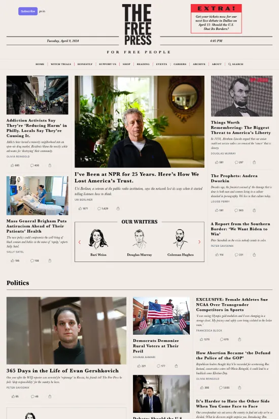 The Free Press website is a testament to modern design ethos with a striking black, white, and red color palette that demands attention. A clean sans-serif typography graces this platform, ensuring its content is legible and accessible, reflecting a news industry standard for clarity and digestibility. The layout is grid-based, suggesting a structured and orderly arrangement of information, which helps visitors navigate the latest stories with ease. The high-contrast design not only enhances readability but also underscores the imperative nature of the journalistic content within. This website epitomizes a minimalistic approach that maximizes user engagement through simplified navigation and focused content presentation. Visit The Free Press for an exemplary digital experience in contemporary news delivery.