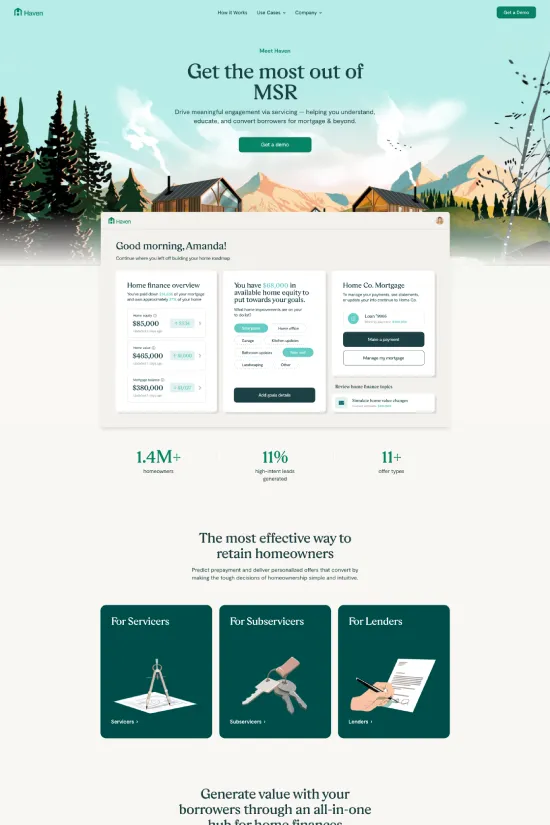 A sleek and refreshing design greets users on Haven's financial services platform. With a modern and flat design aesthetic accented by brilliant green tones (#8bc53f) and deep greens (#2e856e), the color palette establishes a connection with growth and stability. White (#ffffff) and dark gray (#323232) complement the bright accents by providing contrast and legibility. The website uses a sans-serif typography, offering a contemporary and clean look that enhances readability and user experience. The illustrated elements resonate with approachability, while the flat design ensures the interface remains uncluttered. The organization of content, illustrated icons, and strategic use of whitespace unsurprisingly cater to the finance industry, communicating trust and professionalism. Haven demonstrates mastery in balancing informative content with engaging visuals, which is crucial in the complex sphere of home financing.