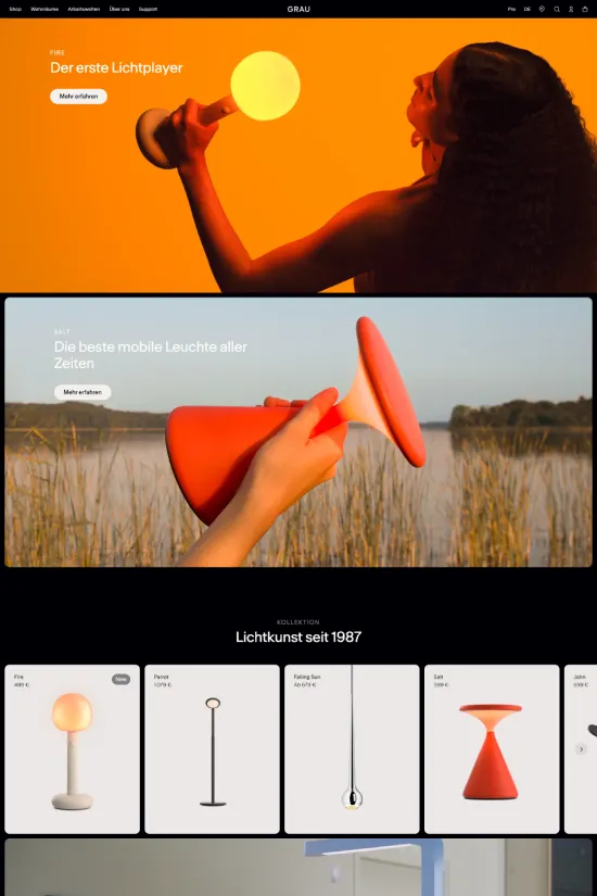 The GRAU website exemplifies modern elegance and minimalist design, harnessing a striking palette of warm hues like vibrant orange and soothing yellows, juxtaposed with classic blacks and whites. Sans-serif typography provides a contemporary and clean reading experience, ideal for a brand that embodies sophistication and innovation in lighting and design. Bringing together intuitive navigation and a visual feast of engaging images, this site is a showcase of stunning lighting products, exemplifying the brand's  commitment to art and functionality in home decor. The use of bold, hero images celebrates both the products and the stories behind them, inviting users to explore the transformative power of light in personal spaces since 1987. It's a masterclass in how effective web design can enhance and echo a brand's vision, ensuring a memorable user journey that's as seamless as it is visually stunning.
