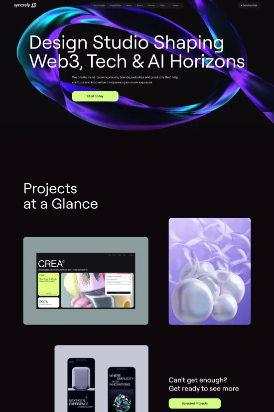 Syncrely presents itself as a forward-thinking design studio, confidently shaping the horizons of Web3, tech, and AI with its sleek and modern website. The design leverages a striking palette of deep blacks, pure whites, and vivid purples, creating a visual experience that resonates with the innovative spirit of technology startups. Typography embraces clarity and modernity with a clean sans-serif font, ensuring excellent readability while reinforcing the studio's contemporary ethos. The layout is well-organized, utilizing dynamic abstract graphics that exude a sense of motion and transformation, symbolic of the ever-evolving tech landscape. Visually, the site balances sophistication with simplicity, offering a captivating digital gateway to the brand's portfolio, which is strategically highlighted across the vibrant interface. This digital platform is a testament to Syncrely's prowess in crafting brand identities and websites on the cutting edge of design.