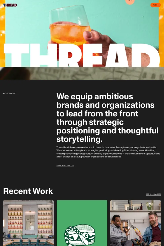 The website of Thread is a masterclass in modern, minimalistic design that speaks to the creatives and forward-thinking brands it serves. With a bold color palette that commands attention, featuring stark blacks, crisp whites, and vibrant accent colors like a warm orange hue, this digital space is designed to stand out. The sans-serif typography asserts a contemporary feel, enhancing readability and reinforcing the cutting-edge brand image. Large, full-screen visuals showcase the company's portfolio with confidence, while generous whitespace allows each element to breathe, ensuring a focus on the content. Thread's online presence is a beacon of design prowess, an inspiration for brands and designers alike who seek to tell their stories through powerful visuals and strategic design.