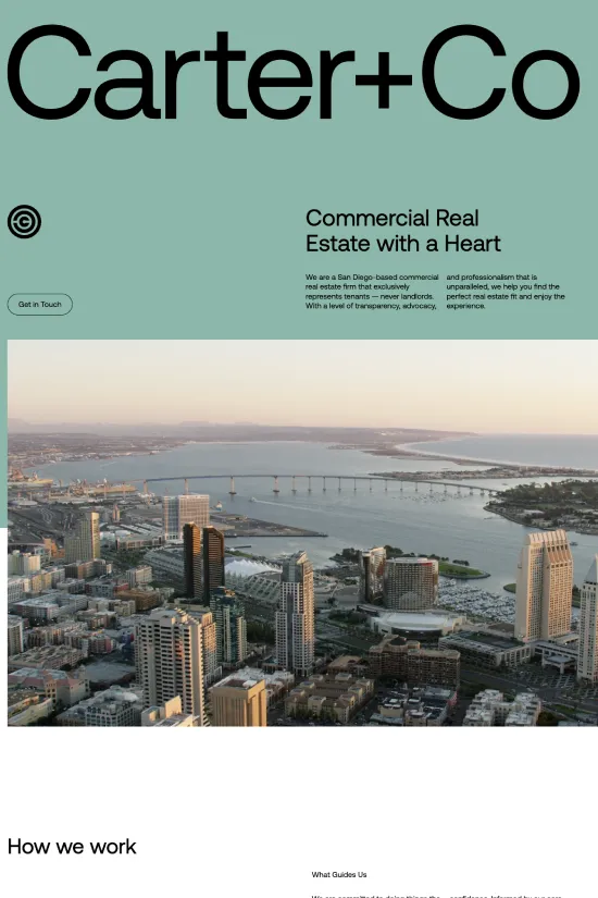 Showcasing a pristine example of modern web design, Carter+Co's website presents a sleek interface that embodies minimalist aesthetics with a professional flair. The site's color palette is grounded in a mature mixture of monochrome tones, accented with a sophisticated shade of muted teal, creating a visually calming experience. Typography on the site is a testament to contemporary sensibilities, utilizing a sans-serif font that speaks to accessibility and modernity. This clean text style compliments the website's overall minimalist design, ensuring that both imagery and content coalesce into a seamless narrative of the company's brand and mission. Each element has been meticulously crafted to not only inform but also to engage and reassure potential clients of the company's commitment to 'Commercial Real Estate with a Heart'. The website is a brilliant example of how less can indeed be more, offering an inviting space for visitors to learn, connect, and explore the cutting-edge services provided by Carter+Co in the real estate industry.