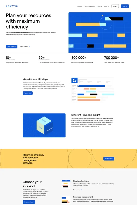 The Ganttic website ushers in a breath of professionalism with its modern and minimalist design, employing a striking color palette that combines a rich blue (#0047BB), vivid yellow (#FFD449), and clean white (#FFFFFF) to create a visually engaging experience. The typography is unambiguously sans-serif, which complements the website's clean and contemporary look, ensuring that the information is delivered with clarity and readability. The utilization of large, bold headings and plenty of white space conveys key points effectively while enabling users to navigate the website with ease. The design features flat graphics and simple icons that embody a professional and tech-savvy image appropriate for a company specializing in resource planning software. Overall, Ganttic's online presence is calibrated to project efficiency, straightforwardness, and innovation, reflecting the core values and functionality of their service offerings.