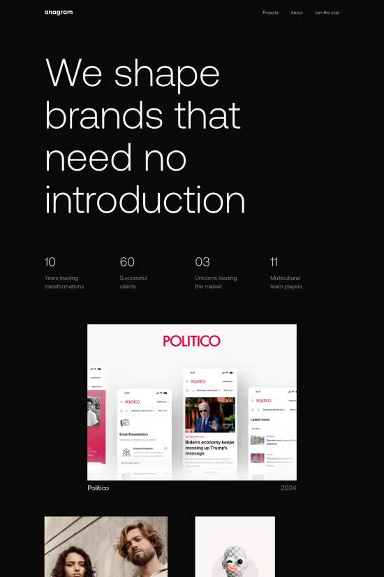The Anagram Club website presents a sleek and contemporary aesthetic, exhibiting an impressive portfolio of branding projects. It employs a bold and minimalistic design style with a strong black and white color scheme accented by pops of bright reds and blues, drawing attention to key elements and reinforcing brand recognition. The site makes strategic use of sans-serif typography to complement the modern vibe, ensuring legibility and maintaining a clean and uncluttered look throughout. This design studio has masterfully utilized a grid-based layout, coupled with flat design elements, to create a sense of order and professionalism. It's clear that the website is curated to highlight the studio's ability to craft visually striking brands that stand out in the cluttered digital space.