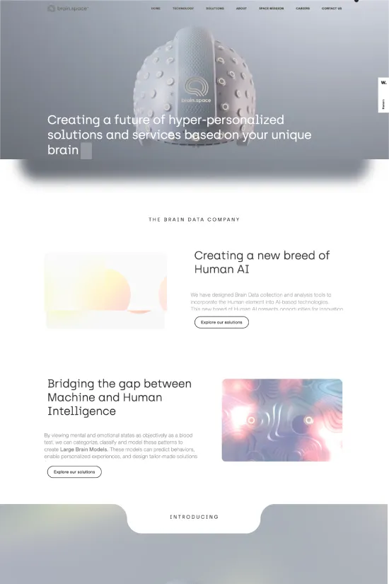 This website from Brain Space serves as a cutting-edge digital storefront for their innovative technological solutions. It features a modern and minimalistic design aesthetic, characterized by a clean layout and a serene color palette dominated by whites and soft greys, with sharp black text for contrast. A sans-serif font offers a contemporary touch, enhancing readability and reinforcing the tech-forward nature of the brand. The style evokes a sense of sophistication and high-tech precision, appropriate for a company focused on 'Human AI' and brain data analysis. The use of whitespace and selective color highlights guide the user's attention to key areas without overwhelming them with information. Overall, the website reflects a seamless blend of elegant design and functional minimalism, inviting users to explore the innovative solutions that Brain Space offers at the intersection of technology and human intelligence.