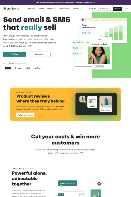 The Omnisend website is a triumph of modern web design, utilizing a fresh and earthy color palette dominated by a distinctive olive green (#5c7c32) that exudes professionalism and innovation. This is beautifully contrasted with crisp white (#ffffff) and soft grey (#ebebeb) backgrounds that ensure excellent readability and an uncluttered aesthetic. The choice of a sleek and easily readable sans-serif typeface contributes to the site’s contemporary vibe, guiding the user through the informational content with a clean-cut hierarchy. Navigating through the website reveals a commitment to a minimalistic and clean design ethos with plenty of white space that allows for a focus on content and ease of use. The modern design is punctured with high-quality, relatable imagery and intuitive layout consistent across the board, reflecting the cutting-edge nature of their marketing technology solutions. Clear calls-to-action are strategically placed to guide potential clients towards conversion, ensuring a seamless user experience. With such a well-executed design, Omnisend sets itself apart as a leader in its industry, inviting e-commerce brands to elevate their marketing strategies with the company's sophisticated tools.