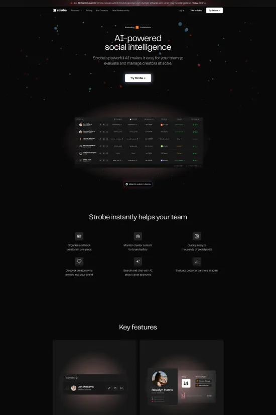This cutting-edge website presents a sleek, modern aesthetic that emphasizes sophistication and efficiency. Adopting a minimalist approach with a dark theme, the design effectively highlights content with a striking contrast between black backgrounds and white text, punctuated by vibrant orange accents for crucial call-to-action buttons. This color palette not only ensures optimal readability but also aligns with the high-tech nature of the brand, evoking feelings of power and precision. The site employs a sans-serif typography that underscores the contemporary vibe, promoting clarity and a streamlined user experience. Navigation is intuitive, with the strategic layout emphasizing key features and usability. As a digital hub for AI-powered social intelligence, this platform conveys its advanced capabilities and user-focused design in every pixel, promising an unparalleled tool for evaluating and managing creators at scale.