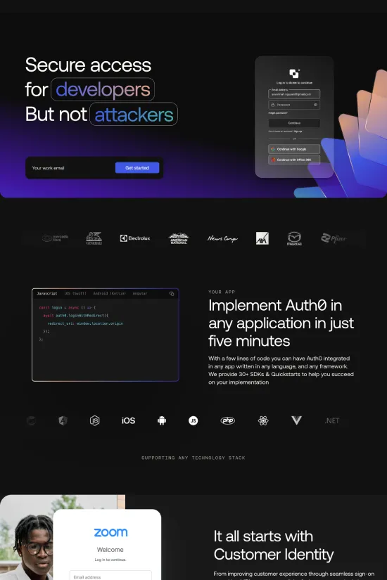 This website represents a cutting-edge cybersecurity company, specializing in authentication and authorization services. With a sleek, modern, and minimalistic aesthetic, the site conveys a sense of high-tech sophistication. A color palette dominated by deep blacks and glowing neon accents, primarily in hues of vivid purple (#635BFF) and bright teal (#2CD3C5), creates an atmosphere of digital security and innovation. The sans-serif typography throughout the site adds to the contemporary feel, ensuring legibility and a forward-thinking vibe. Bold gradients give the design depth and a sense of movement, symbolizing both the dynamic nature of cybersecurity and the seamless integration the company offers. Each section of this expertly crafted website makes a strong visual statement, inviting developers and tech companies to explore the robust capabilities of the Auth0 platform.