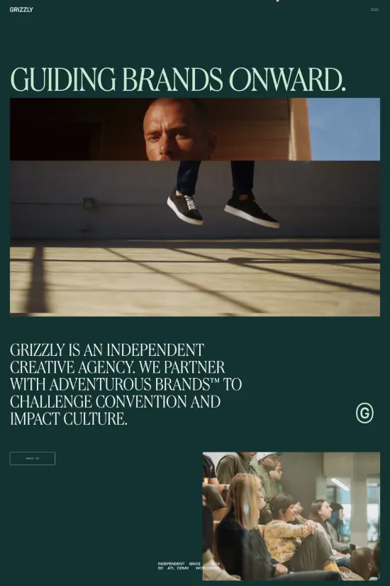Showcasing a sophisticated and modern aesthetic, this website captivates visitors with its bold sans-serif typography and a striking color palette comprising deep forest green, crisp white, and stark black. Designed for a creative agency known as Grizzly, the website employs a sleek, professional look with large, engaging headlines that guide brands onward. Visual storytelling through dynamic imagery captures the collaborative essence of the agency and its adventurous spirit. Each section is thoughtfully laid out, balancing text and images to maintain a clean and uncluttered user interface, highlighting the agency's 'Featured Work' to emphasize their expertise and impact on brand culture. This design is truly reflective of a contemporary agency poised to challenge conventions and leave a lasting impact.