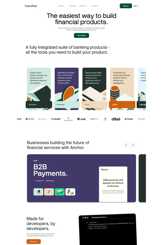Anchor's website presents a pristine example of modern web design tailored for the finance industry. The use of a deep navy blue (#0a2540), crisp white (#ffffff), and a vibrant green (#22b573) creates a trustworthy and fresh aesthetic. Typography is dominated by a sans-serif font, contributing to the site's clean and easily readable interface. This design strategy enhances user engagement while effectively communicating the company’s forward-thinking approach to banking and financial products. The minimalistic yet informative layout with compelling visuals and interactive elements speaks to a user-friendly experience designed to cater to both business clients and developers. It juxtaposes sleek design elements with technical content, illustrating the company's dual focus on design excellence and practical functionality.