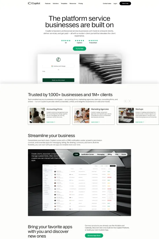 The Copilot website is the epitome of modern web design, exuding a sleek, professional look that's perfect for its technology and business management audience. Dominated by a palette of crisp white, rich black, and vibrant teal, the website achieves a striking balance between elegance and energy. With a sans-serif typeface throughout, the text is eminently readable and contributes to the site's contemporary vibe. Each section has been meticulously crafted with flat icons, minimalist layouts, and high-quality, contextually relevant imagery that solidifies the user-centric approach. The use of bold, clean lines and compartmentalized content keeps users focused and engaged while the strategic placement of call-to-action buttons in the brand's standout teal invites interaction and conversion. From the streamlined service offerings to the user testimonials and integrated partner logos, Copilot's digital presence is a testament to their commitment to functional, approachable, and efficient design.