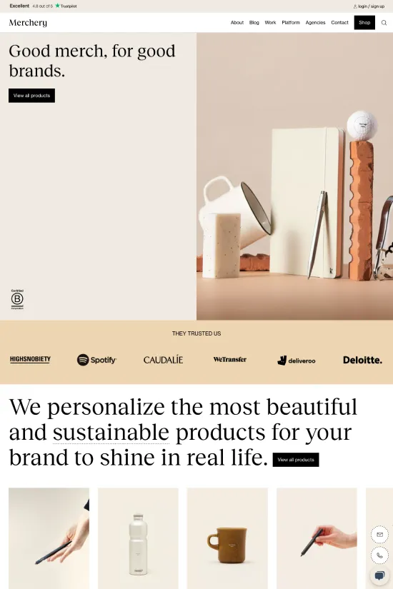 The Merchery website exudes a modern elegance with a minimalist approach that prioritizes cleanliness, simplicity, and sophistication. Dominated by a muted palette of beige, charcoal, and white, the site's color scheme resonates with a sense of understated luxury, while the sans-serif typography adds to the contemporary aesthetic. Strategic use of whitespace and a grid-based layout ensure that content is easily navigable and aesthetically pleasing. The choice of high-quality imagery, including stylish flat-lay product shots, reinforces the brand's commitment to quality and attention to detail. This website not only represents the brand's ethos of providing good merchandise for good brands, but it also serves as a visual treat that promises a user-friendly shopping experience for discerning clients looking for personalized, sustainable corporate gifts.