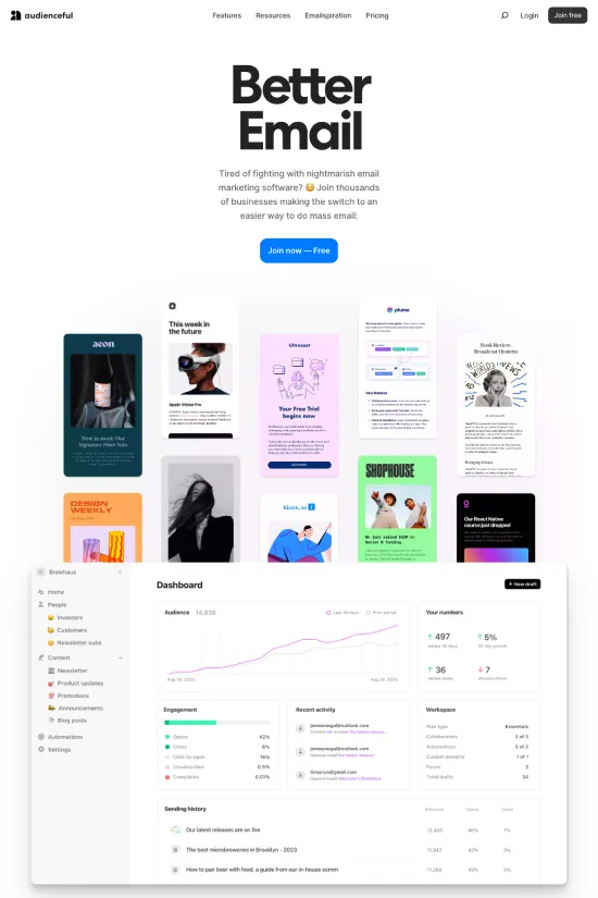The Audienceful website embodies a contemporary, minimalist aesthetic with a strong emphasis on user experience. Dominated by a palette of rich purple (#6a67ce), contrasting with clean white (#ffffff) and bold black (#000000) text, the site exudes modernity and professionalism. The sans-serif typography is sleek and highly legible, reinforcing the site's user-friendly approach. Simplified iconography and ample white space enhance the ease of navigation, directing focus to the vibrant graphics and interactive elements. This digital platform is a showcase of efficient design catering to savvy businesses and marketers seeking state-of-the-art email marketing solutions.